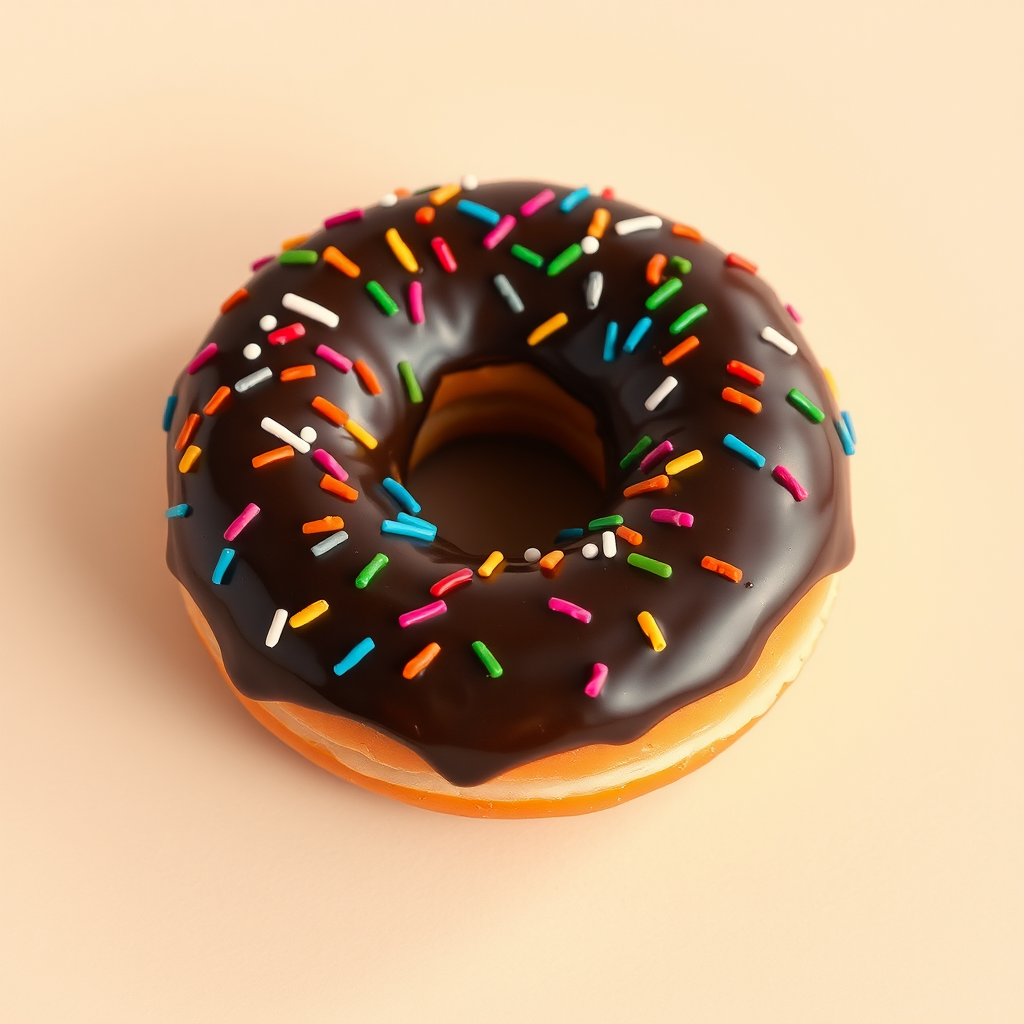 Create a high-resolution illustration of a chocolate-covered donut with colorful sprinkles on a light beige background, using a 50mm lens, f/2.8 aperture, natural lighting, shot in a studio environment with a digital camera.