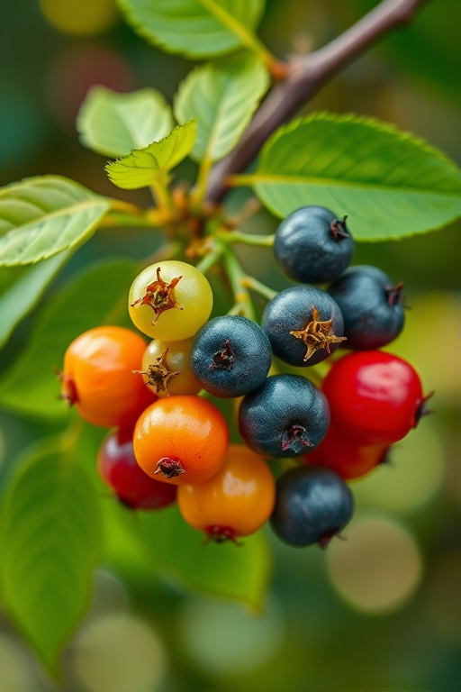 Capture a close-up shot of a cluster of colorful gooseberries on a branch with lush green leaves, using a DSLR camera, aperture f/2.8 for a shallow depth of field, ISO 100 for low noise, 50mm lens for detail, natural light setting to enhance vibrancy, and a bokeh effect in the background for a dreamy atmosphere.
