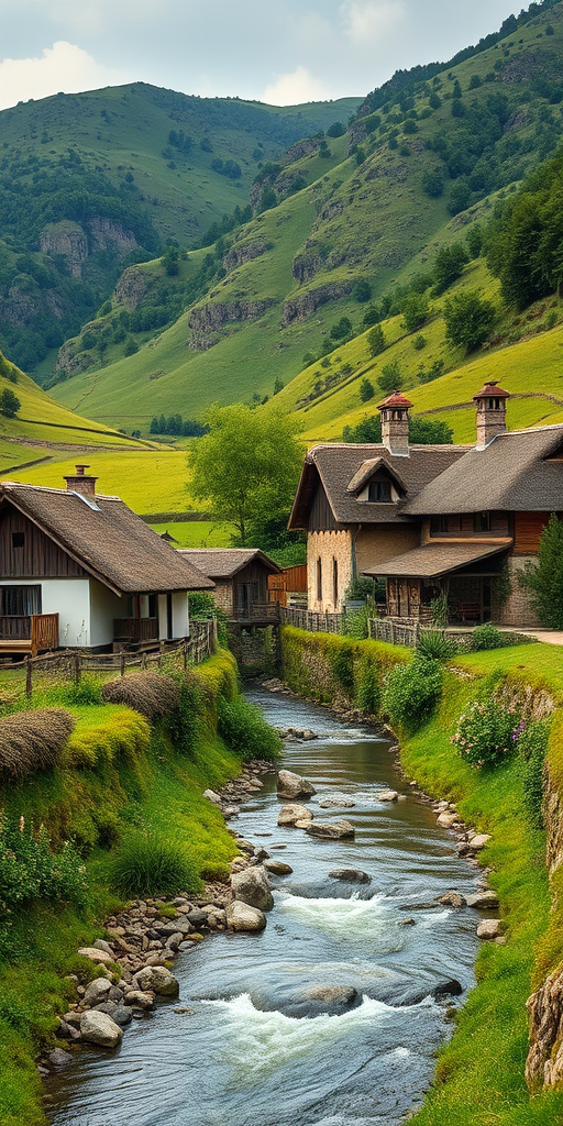 Regenerate a serene rural landscape with quaint thatched-roof cottages beside a gently flowing river in a lush green valley, taken with a Canon EOS R5 at f/8, ISO 100, 24mm lens, using a wide-angle perspective for enhanced depth and clarity.