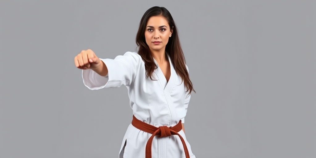 Generate an image of a woman in a karate stance, wearing a white gi and brown belt, captured with a Canon EOS R5 camera, 50mm lens, f/1.8 aperture, ISO 100, with soft studio lighting and a neutral gray background.