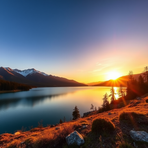 Create a high-quality image of a serene landscape with mountains in the background and a calm lake in the foreground, shot with a DSLR camera using a 50mm lens at f/8, ISO 100, and a shutter speed of 1/125 seconds, capturing the scene during golden hour for warm lighting and vibrant colors.