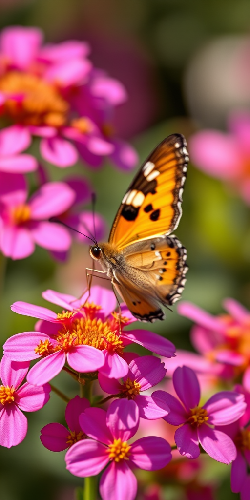 Capture a close-up of a butterfly resting on vibrant pink flowers with a shallow depth of field, using a Canon EOS 5D Mark IV, 100mm macro lens, aperture f/2.8, ISO 200, and natural sunlight to enhance colors and details.
