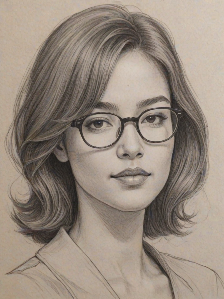 Wonderful Peyton Elizabeth Lee, pencil sketch, portrait of Fascinating woman 1979s in glasses, hair style beatnik, outline, clear lines, fine lines, 8k