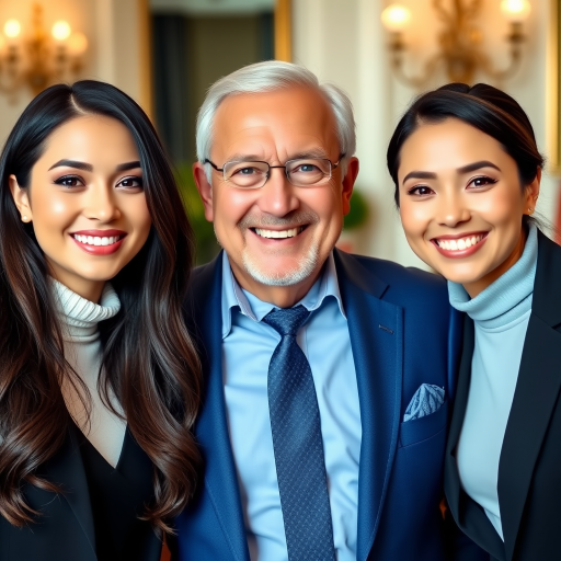 Create a heartwarming family portrait featuring two young women with long dark hair and a middle-aged man in a stylish blue suit all smiling together in an elegant indoor setting.