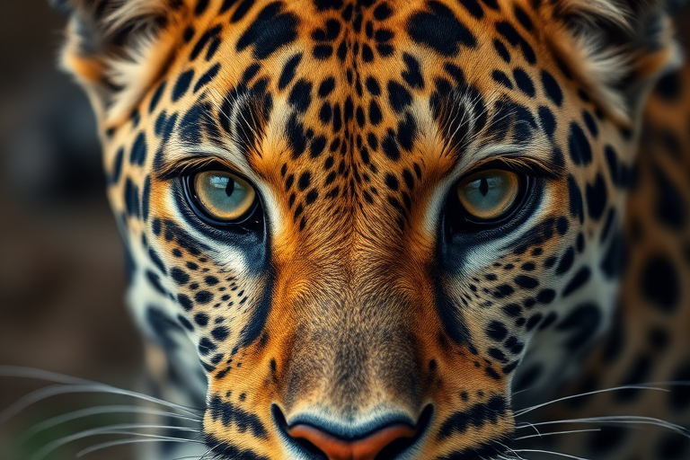 Regenerate a close-up image of a leopard with sharp focus on its eyes, using a Canon EOS R5 camera, aperture f/2.8, ISO 100, shutter speed 1/500s, high dynamic range, and soft diffused lighting to enhance texture and detail.