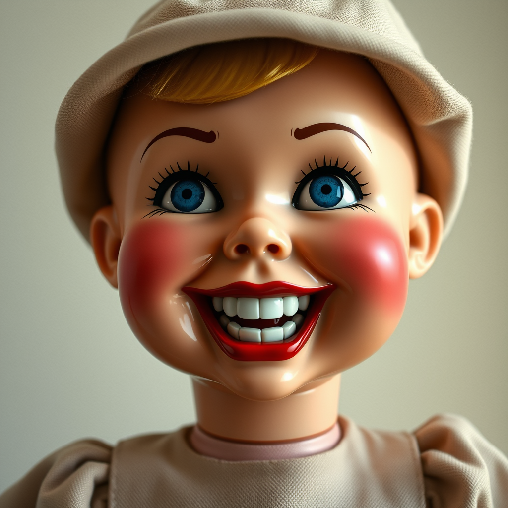 Generate a hyper-realistic image of a vintage doll with rosy cheeks, dimples, and a wide grin with red lips. The doll has bright blue, glossy eyes looking to the side, wearing a beige fabric hat. The face is shiny plastic, contrasting with the matte fabric of the clothing. The background is plain and neutral, emphasizing the doll’s unsettling expression.