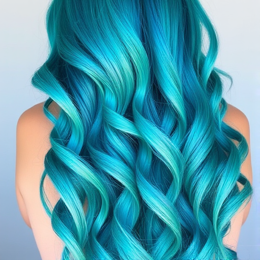 Vibrant teal mermaid waves cascade down to the waist, shimmering with iridescent highlights and styled in loose beachy curls, exuding an ethereal and enchanting aura