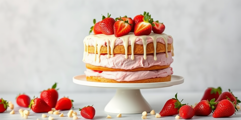 A delicious layered cake with pink frosting, topped with fresh strawberries and drizzled white chocolate, presented on a white cake stand with strawberries and white chocolate chips scattered around, against a light gray background.
