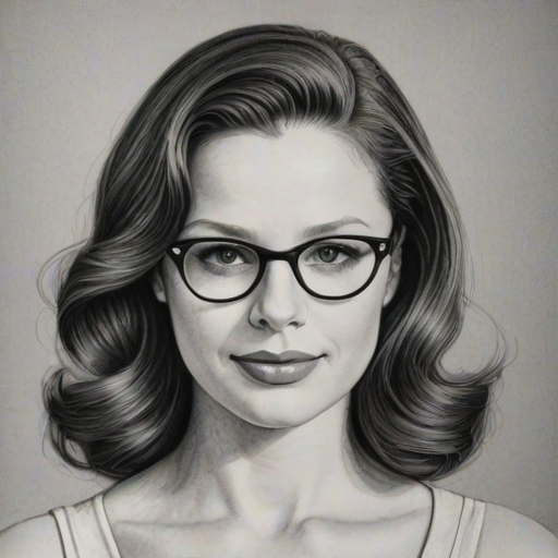 Graceful Katie Lowes, pencil sketch, portrait of Exquisite woman 1947s in glasses, hair style beatnik, outline, clear lines, fine lines, 8k
