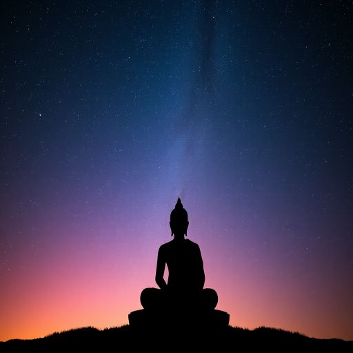 Generate a silhouette of a seated Buddha against a starry night sky with a shooting star, vibrant gradient colors in the background, shot with a DSLR camera, aperture f/2.8, ISO 200, 24mm lens, long exposure for enhanced light capture.