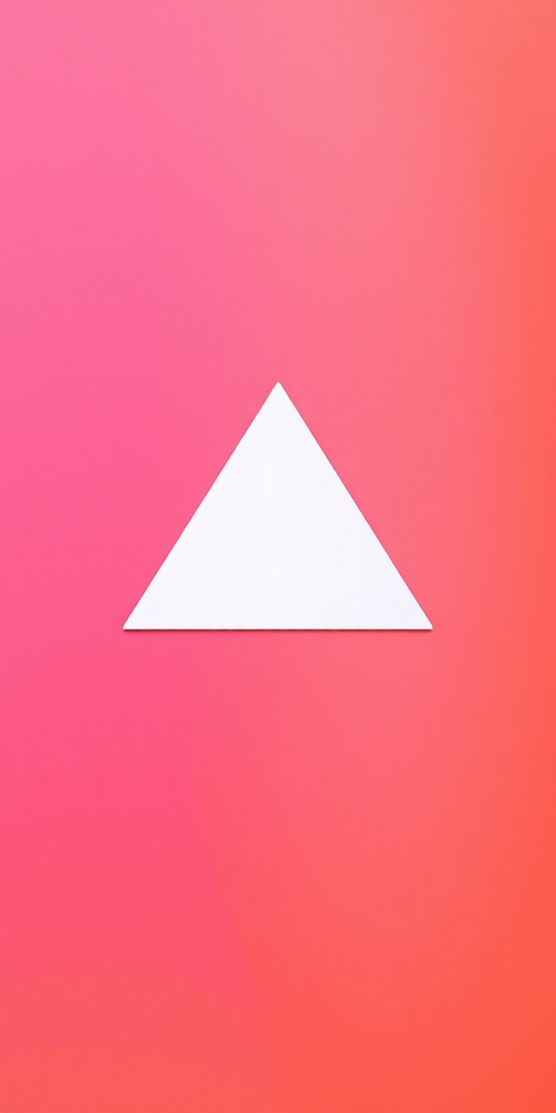 Create an abstract geometric design featuring a triangle in white on a vibrant gradient background of pink and orange, shot with a DSLR camera at f/8 aperture, ISO 100, 50mm lens, natural light, top-down view, minimalist style.