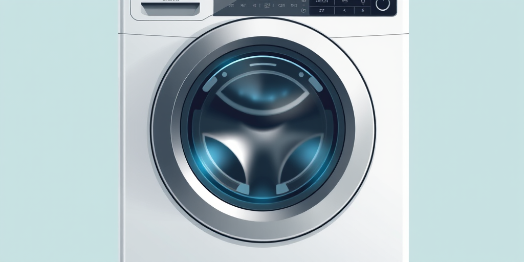 Create a high-resolution illustration of a modern washing machine, front view, with a sleek design and detailed controls, using a DSLR camera, f/4 aperture, 50mm lens, ISO 100, and natural lighting to enhance the overall clarity and color depth.