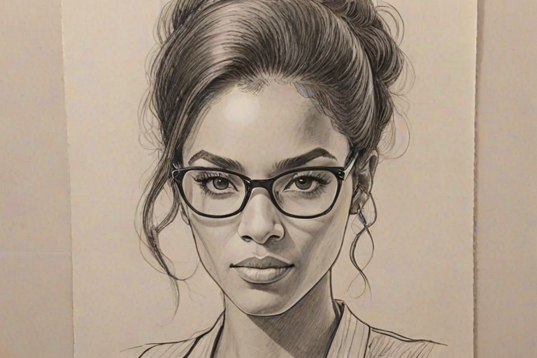 Exquisite Annie Ilonzeh, pencil sketch, portrait of Lovely woman 1968s in glasses, hair style beatnik, outline, clear lines, fine lines, 8k