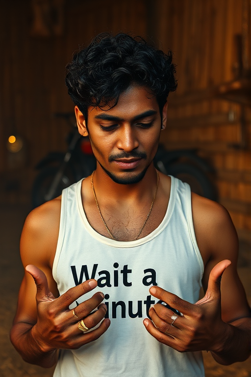 A medium shot photo of an Indian man in a wooden-walled arena under warm, dim lighting, with an atmosphere that captures a sense of intensity and focus; the image is detailed, with a muted color palette of browns and earthy tones. The man has a medium build, dark curly hair, and light brown skin that shows visible sweat and natural texture like pores, emphasizing the realism of the moment. He appears to be in a state of concentration, his facial expression intense with his mouth slightly open and eyes looking downward, while both hands are raised with his fingers spread apart. He wears a simple sleeveless white vest with the phrase "Wait a minute" spelled out in rap style font , accessorized with several gold rings and a gold chain, giving a contrasting touch of brightness. The warm light accentuates the sheen on his skin and casts subtle shadows, adding depth to his features. In the background, a motorcycle is suspended on the wall, indicating a dynamic and risky setting, possibly part of a performance or stunt show. The textured wooden wall creates a rustic and immersive atmosphere, with soft ambient light filtering through small gaps. The composition captures the man's emotions and the gritty setting with sharp details, highlighting both his expression and the unique environment