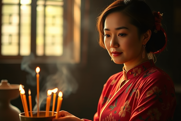 portrait of a woman in traditional red floral dress, lighting incense in a dimly lit room, soft natural light streaming through, ISO 200, f/2.8 aperture, 50mm lens, DSLR camera, shallow depth of field, warm color tones, vintage style