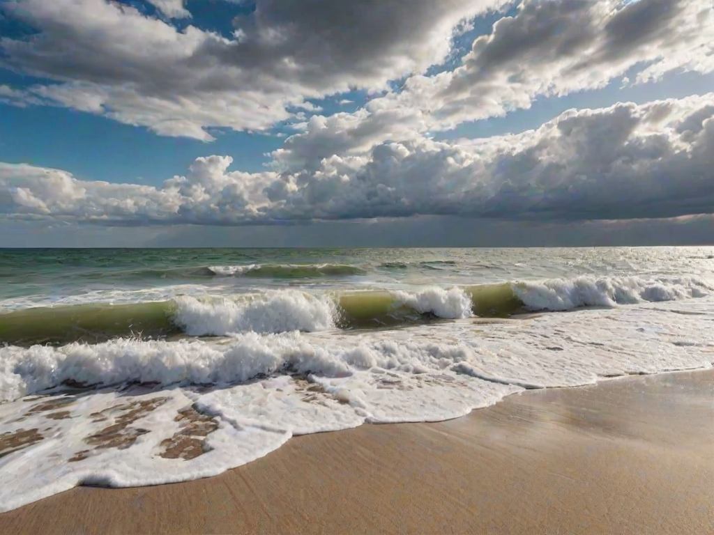 generate a serene beach scene with rolling waves crashing onto a sandy shore under a partly cloudy sky