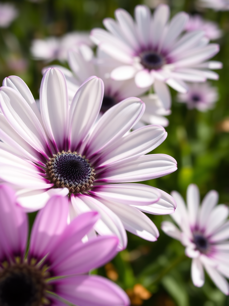 close-up of white and purple osteospermum flowers with intricate petals in a garden, sunlight, shallow depth of field, ISO 100, f/2.8, 1/200s, macro lens, DSLR