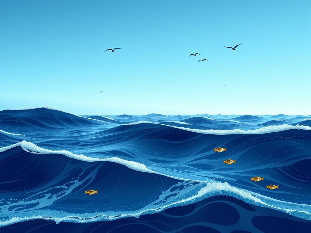 Create a detailed illustration of a serene ocean scene with gentle waves, a gradient blue sky with a few birds flying, and several stylized fish swimming, captured from a low angle using a full-frame DSLR camera at f/8, ISO 100, and a shutter speed of 1/250s.