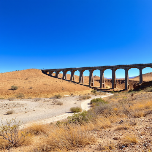 capture a high-resolution image of a viaduct in a dry, hilly landscape under a clear blue sky, using a DSLR camera with a 50mm lens, aperture f/8, shutter speed 1/250s, ISO 100, taken from a slightly elevated viewpoint to showcase the structure against the terrain