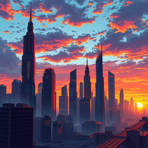 Create a detailed illustration of a futuristic city skyline at sunset with vibrant colors, focus on the tallest skyscrapers, use a wide-angle lens, aperture set to f/8, ISO 100, and a tripod for stability.