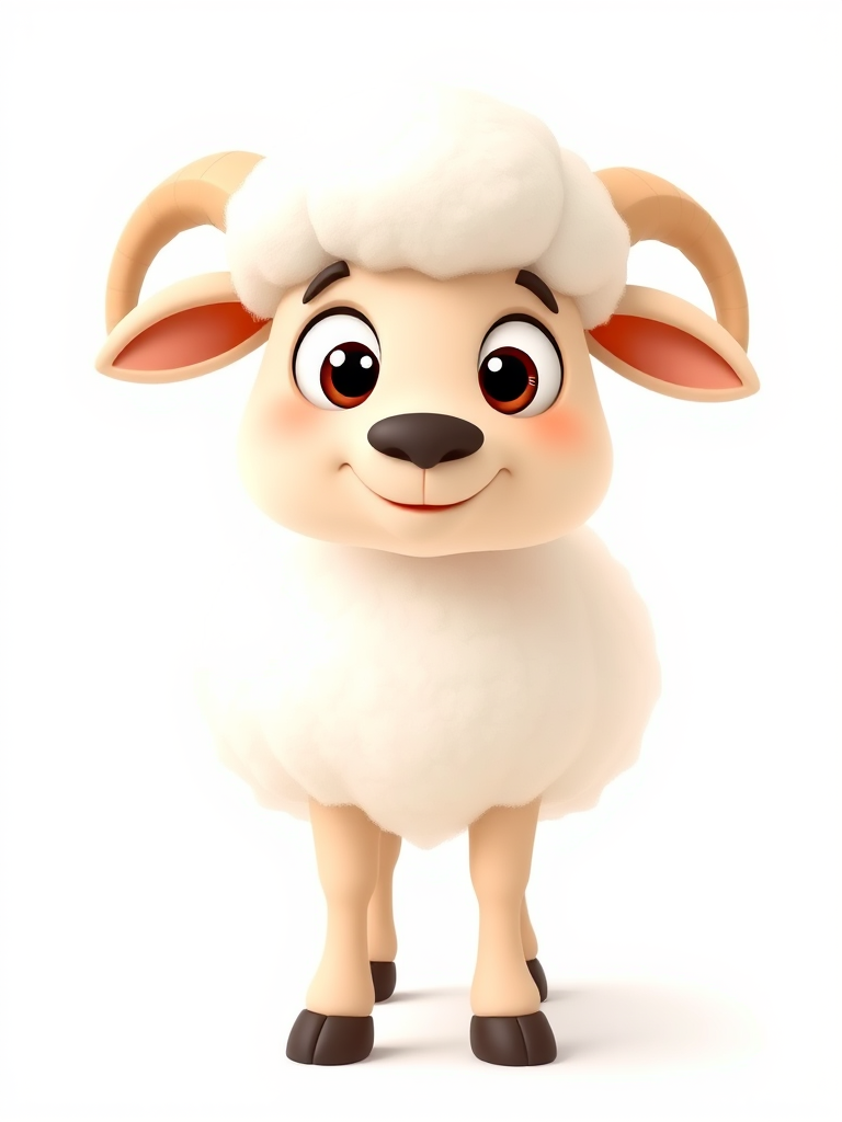 create a cartoon sheep with a fluffy white coat, large round eyes, and a friendly expression, standing on a white background