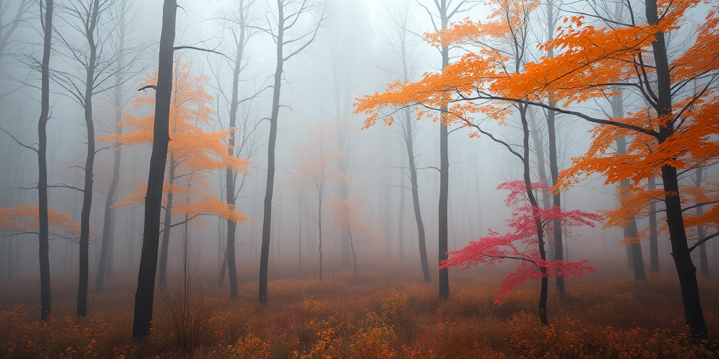 Foggy forest scenery with vibrant autumn foliage, captured with a Canon EOS R5 at f/8 aperture, ISO 100, shutter speed 1/200 sec, landscape view, using a wide-angle lens.