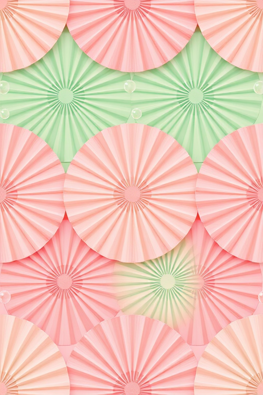 Create a seamless pattern of colorful fan-shaped designs in soft pastel tones of pink and green with bubbles, using a Canon EOS R5 camera with a 50mm lens, f/8 aperture, ISO 100, and soft natural lighting for enhanced clarity and detail.