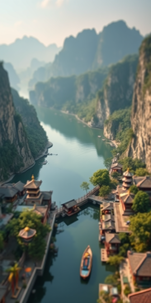 Aerial view of a serene river surrounded by limestone cliffs and traditional Chinese architecture, captured with a DSLR camera at f/8 aperture, ISO 100, 24mm lens, natural lighting, focus on landscape, with a soft bokeh effect.