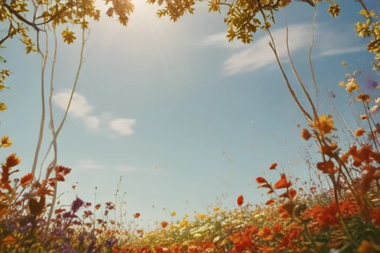 Vibrant Flower Field Under a Clear Blue Sky with Sunlight Streaming