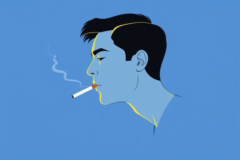 Create a minimalist illustration of a person smoking a cigarette, side profile, with a soft blue background, high contrast, using a digital drawing style, 300 DPI resolution, with a focus on smooth lines and subtle shading.