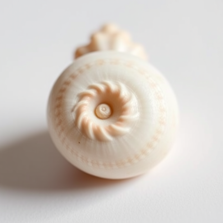 close-up of a spiral seashell on a white background, macro lens, f/2.8 aperture, 100mm focal length, natural light, DSLR camera