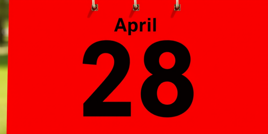 Create a digital illustration of a calendar page featuring the date April 28, using a bright red background for the calendar, with bold, large black numbers in a modern sans-serif font, captured with a digital camera at 50mm focal length, f/2.8 aperture, and ISO 100, in a bright outdoor setting for enhanced clarity and color vibrancy.