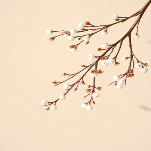 Regenerate the image of white berry branches on a beige background with a Canon EOS R5, 50mm f/1.8 lens, shooting in natural light, using a top-down view for a crisp and clean composition.