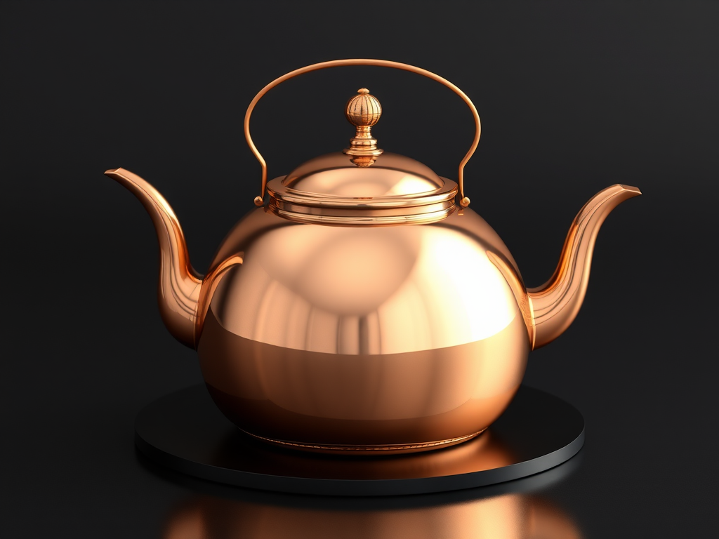 create a highly detailed 3D rendering of a polished copper teapot with reflections, placed on a smooth black surface, using a Canon EOS R5 with a 50mm lens, aperture f/2.8, ISO 100, 1/125s shutter speed, under soft diffused studio lighting, focusing on capturing the metallic texture and shine