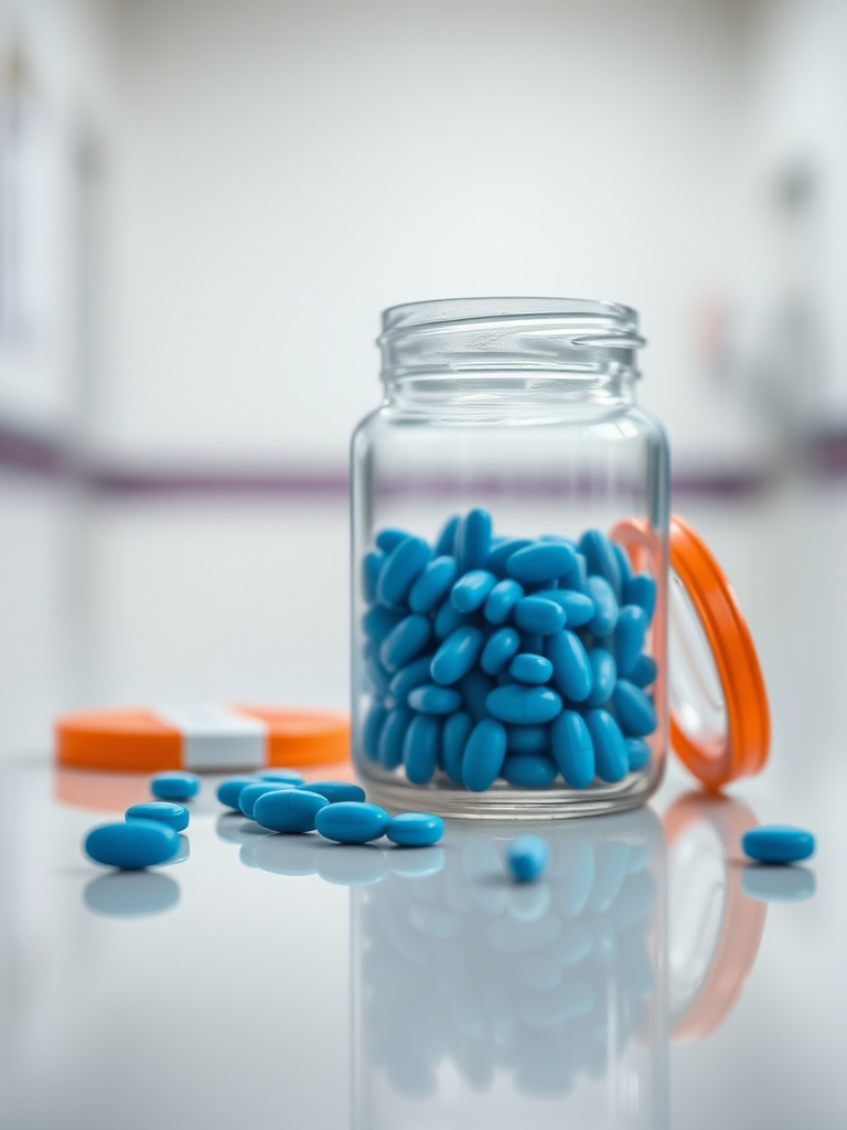 A glass jar filled with blue pills sits on a polished surface, with some pills scattered around it, in a softly blurred hospital environment, shot with a Canon EOS R5, 50mm f/1.8 lens, aperture f/2.8, ISO 200, with a shallow depth of field for enhanced focus on the jar, natural lighting.
