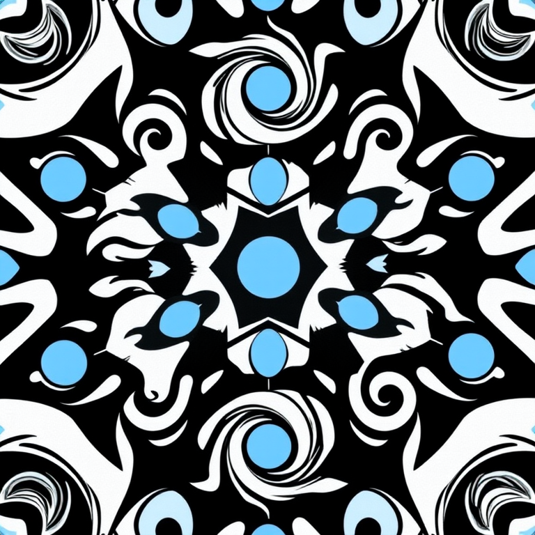 create a symmetrical pattern of swirling black and white shapes interspersed with light blue circles in a seamless repeat design, use a Canon EOS 5D Mark IV with a 50mm lens, aperture f/8, ISO 100, set in natural daylight to enhance contrast and detail