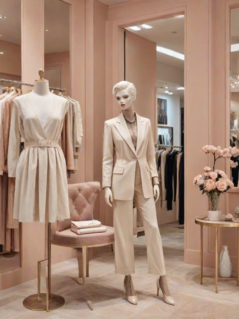 Stylish boutique, showcasing an array of fashionable clothing and accessories, a mannequin dressed in a chic outfit near the entrance, and a soft color palette creating an inviting atmosphere.