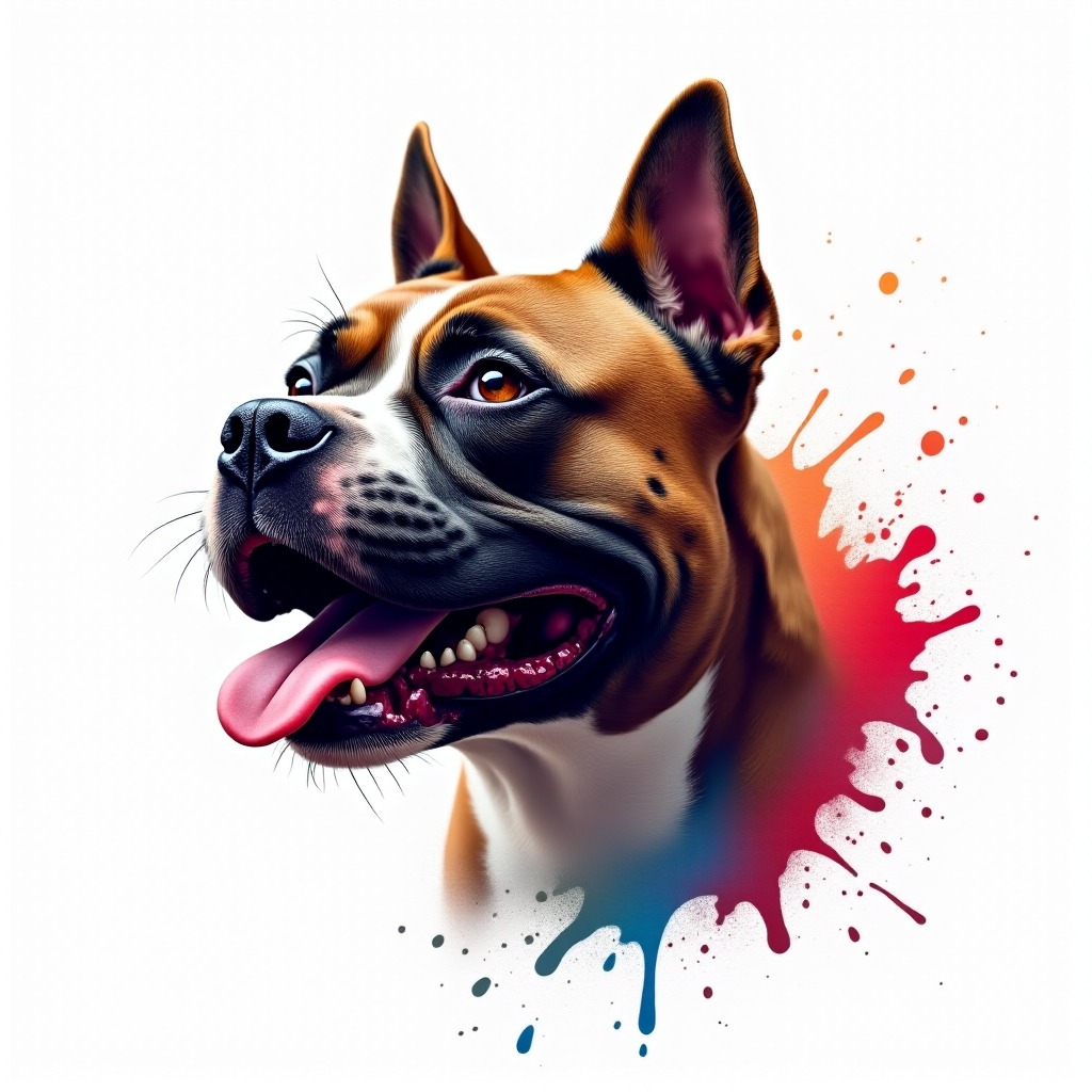 Create a hyper-detailed splash art of an American Bully dog's head on a clean white background. The design should include vibrant color splashes and drips in complementary colors, focusing on the tongue and eyes, expressive features and intricate contours. The dog's expression should be intense, almost roaring, and the overall composition should be different positions, feel fantastic and dynamic, as if a part of a digital fantasy artwork would be rendered in an 8k resolution, inspired by a mix of oil painting techniques and a stylized, epic Instagram aesthetic.