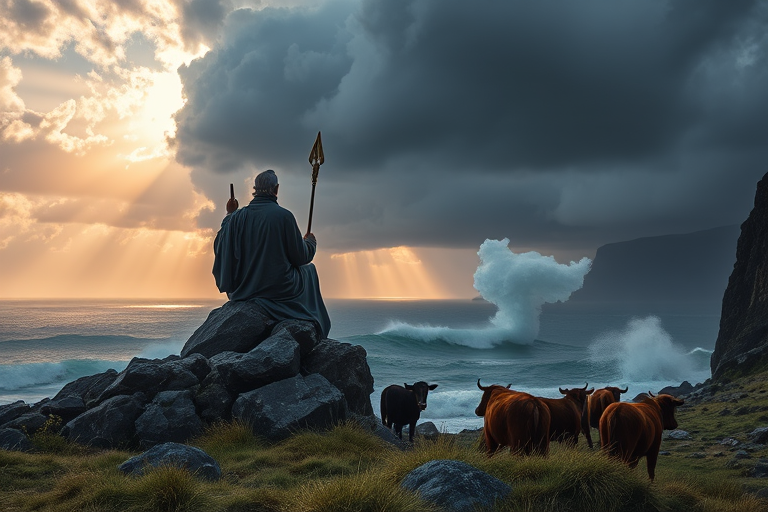 Create an image of a wise figure sitting on a rocky outcrop, gazing at towering waves and dramatic light breaking through stormy clouds, with grazing cattle in the foreground, taken with a DSLR camera at f/8, ISO 100, 24mm lens, in HDR style.