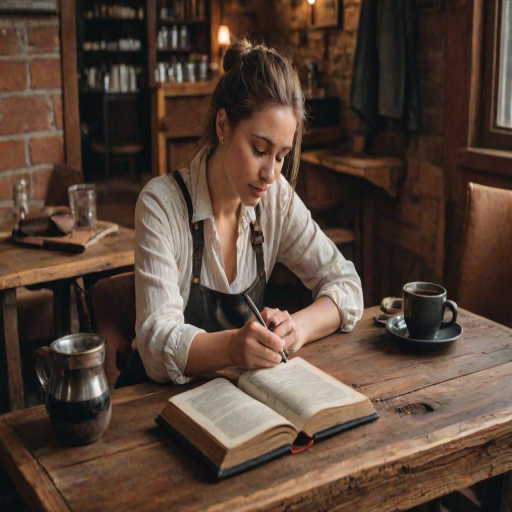 Cozy corner of a rustic coffee shop, the smell of freshly ground beans in the air, a woman sits at a wooden table, lost in her thoughts as she writes in a leather-bound journal.