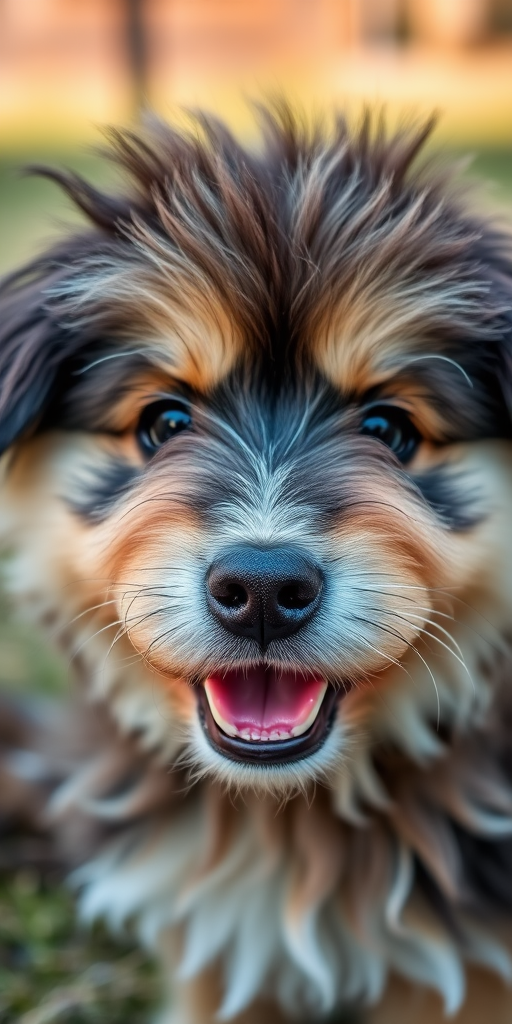 Regenerate a close-up portrait of a fluffy dog with a playful expression, outdoors in a natural setting, using a DSLR camera with a 50mm lens, aperture set to f/1.8 for a shallow depth of field, ISO 200 for optimal clarity, and soft natural lighting.