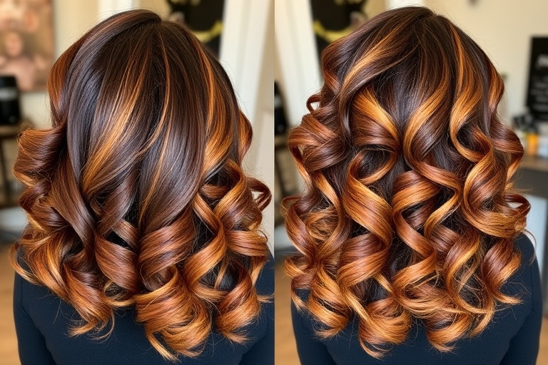 Chocolate brown to caramel ombre styled in voluminous, bouncy curls by "Sweet Spirals" hair studio, featuring a deep side part and cascading ringlets that create a lush, full-bodied look, with golden honey highlights strategically placed to enhance the natural curl pattern.