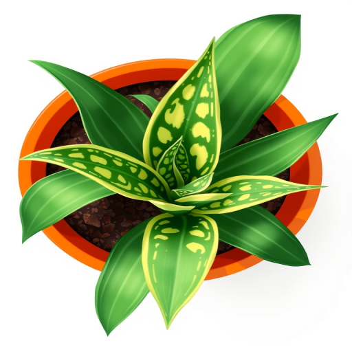 Create a vibrant illustration of a snake plant in an orange pot with a clean white background, using a high-resolution digital art style, simulated camera settings of f/2.8 aperture, ISO 100, and 1/60 shutter speed for sharp details, in a top-down view.