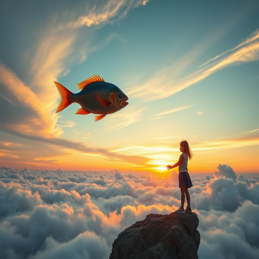 A surreal landscape featuring a young girl standing on a rocky outcrop in the clouds, reaching out to a giant, colorful fish floating in the sky, with a sunset background, high dynamic range, 35mm lens, f/8 aperture, ISO 200, shot at golden hour for warm lighting and enhanced details.