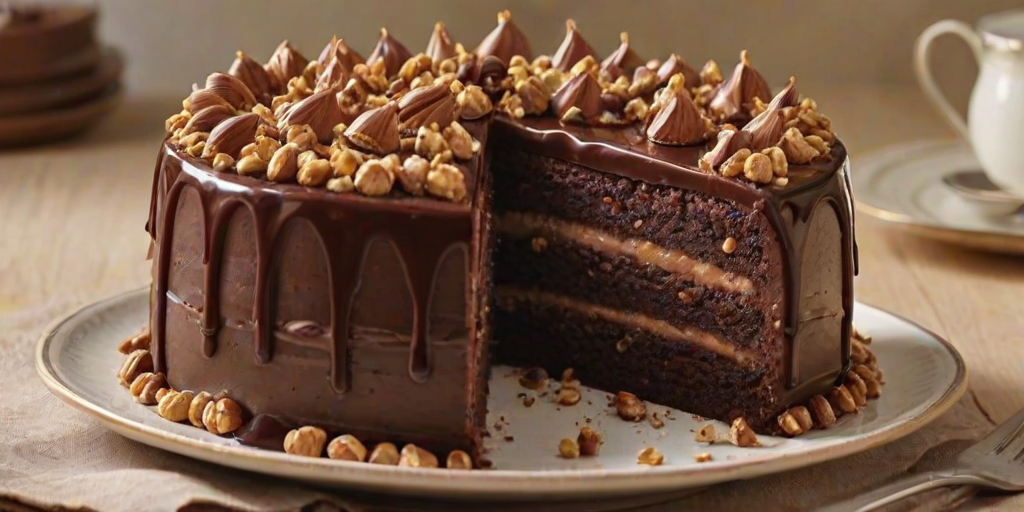 Generate an image of a beautifully layered chocolate hazelnut cake on a decorative plate. The cake should have a glossy chocolate ganache topping and be adorned with chopped hazelnuts. Include a slice removed to showcase the layers inside, and add a few scattered hazelnuts around the plate. The background should be softly blurred to emphasize the cake.