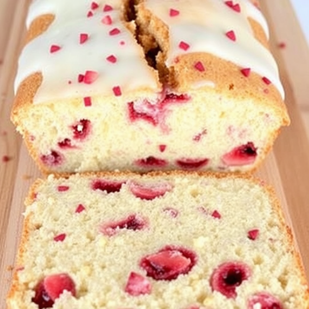A delicious loaf cake with a light golden crust and a moist interior filled with pieces of red fruit, topped with a creamy white icing and sprinkled with small red bits, showcasing a slice cut from the loaf to reveal its texture and color.
