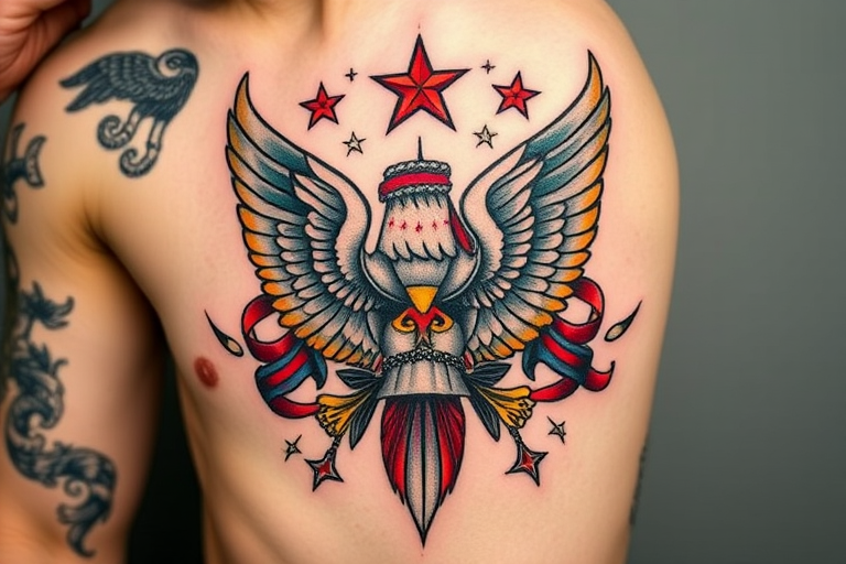 Neo-traditional tattoo named "Bold Heritage" combining classic Americana motifs with modern color palettes and stylized elements for a contemporary twist on timeless designs