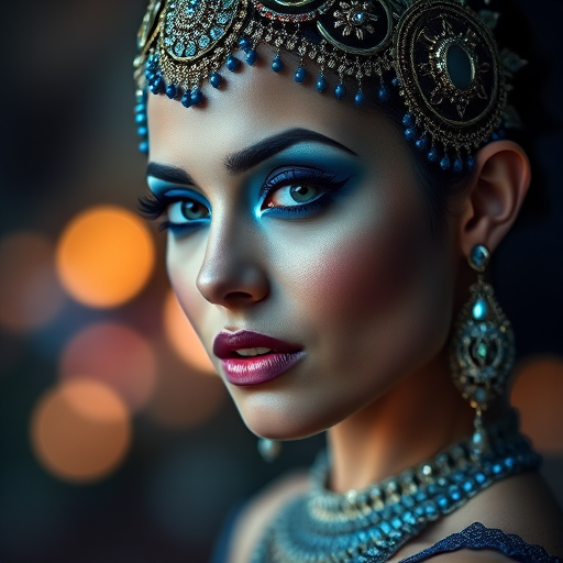 portrait of a woman with dramatic blue makeup and ornate headpiece, shallow depth of field, 85mm lens, f/1.8 aperture, ISO 100, studio lighting, soft focus background, vibrant bokeh lights, Canon EOS 5D Mark IV