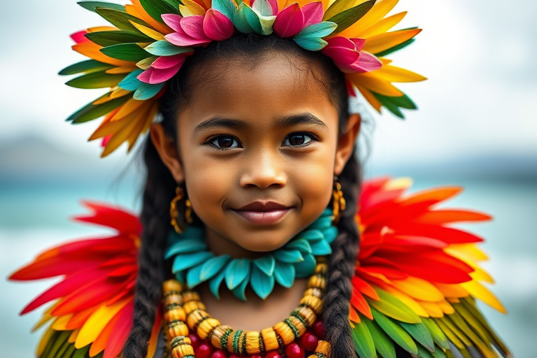 A beautiful Samoan girl, wearing colorful bird clothing with vibrant colors
