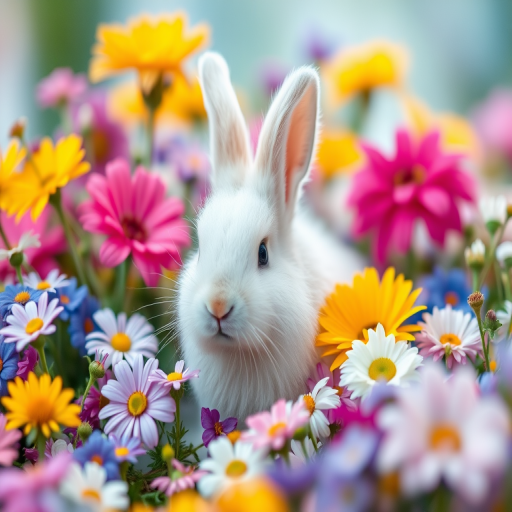 Create a vibrant scene featuring a fluffy white rabbit surrounded by a colorful array of flowers, with a soft focus background; use a DSLR camera with a 50mm lens, aperture f/2.8, ISO 100, and natural lighting for enhanced detail and depth.